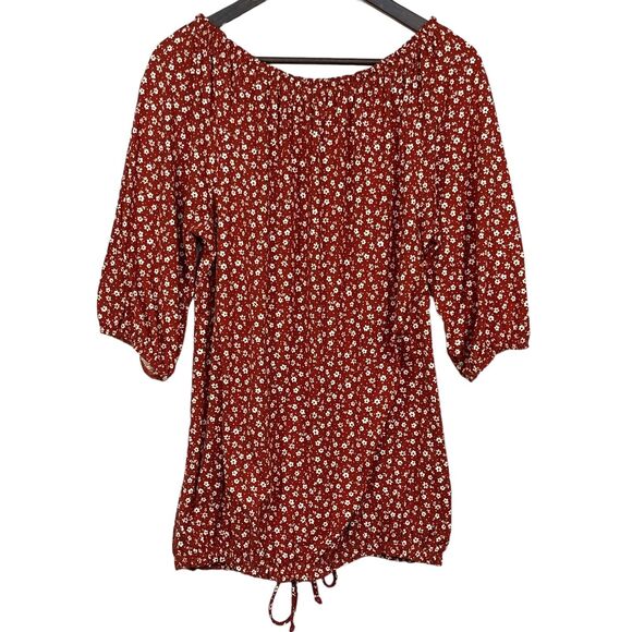 Free Kisses Off-the-Shoulder Blouse Women Size 1X Red Floral Stretch 3/4 Sleeve - Picture 2 of 9
